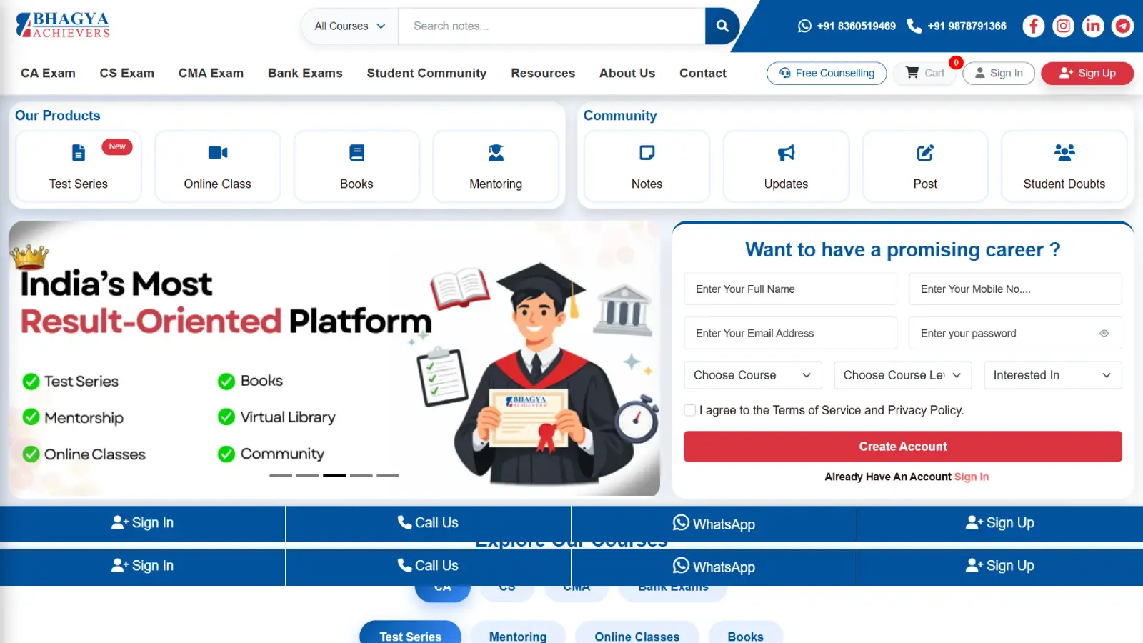 Bhagya Achievers - CA & Bank Exam Education Website Development | Ainosof Technology