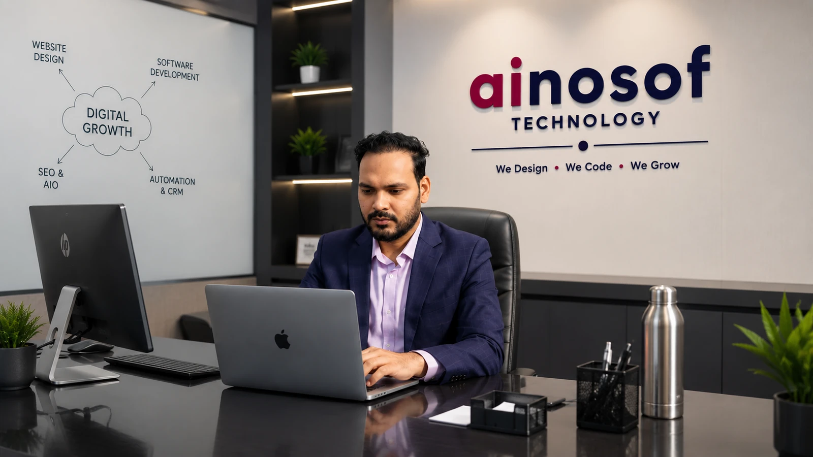 Founder working on website development and digital business solutions at Ainosof Technology office
