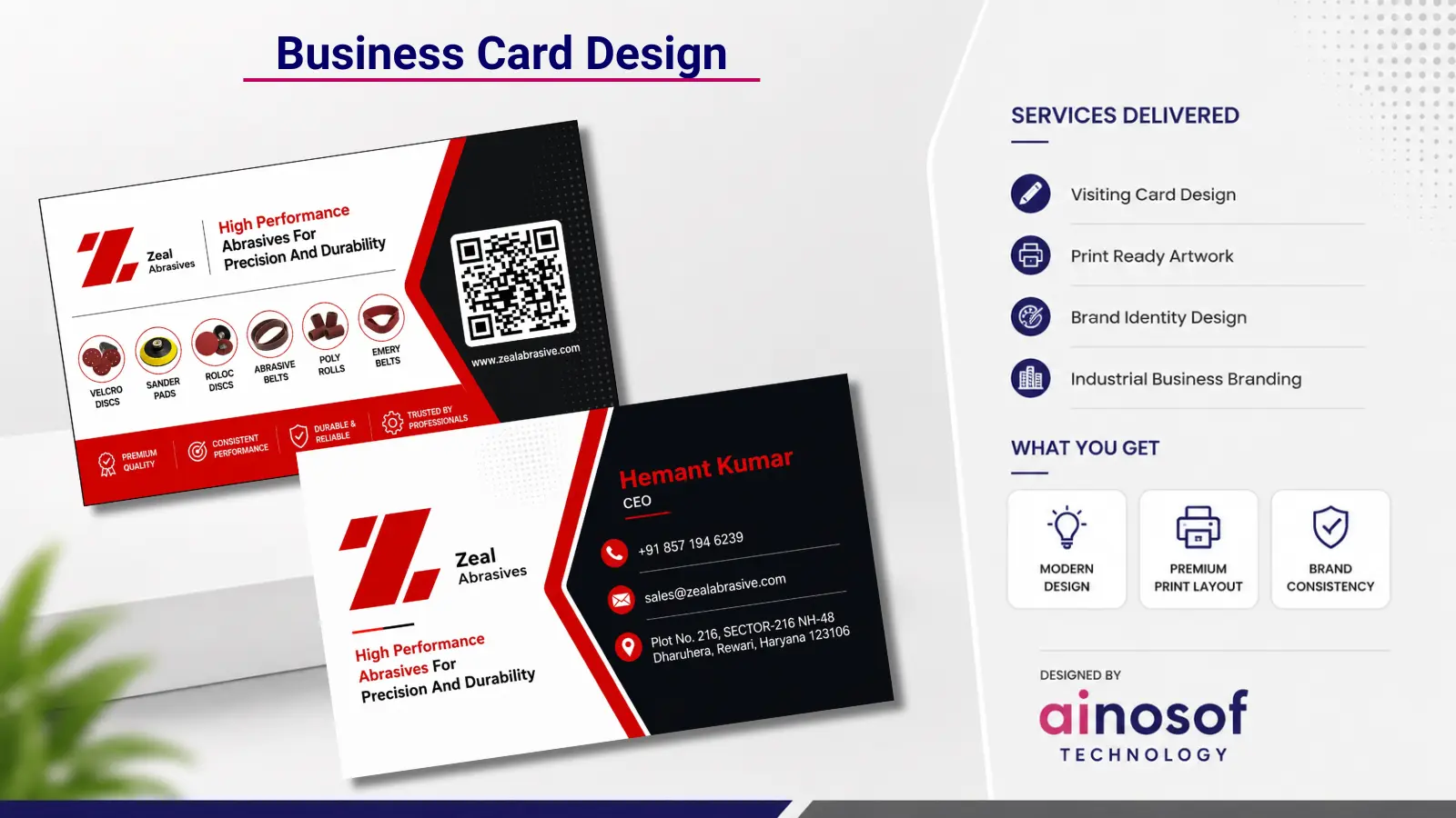 Business Card Design Created by Ainosof Technology for Zeal Abrasives  