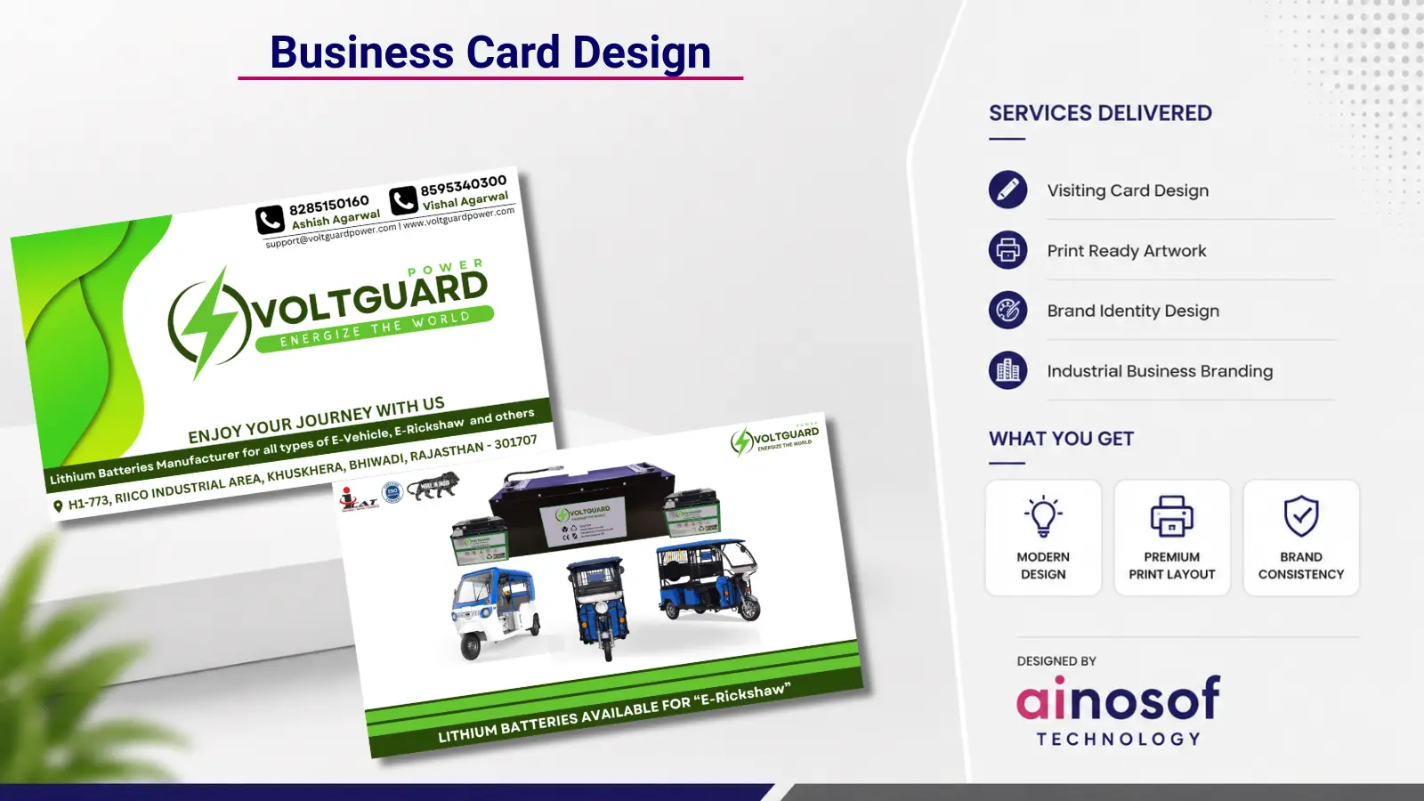 Business Card Design Created by Ainosof Technology for Voltguard Batteries