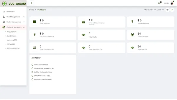 Battery EMI & Dealer Management Software Dashboard Developed by Ainosof Technology for Voltguard Batteries, Khushkhera