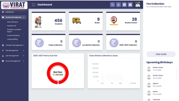 School Management ERP Dashboard Developed by Ainosof Technology for Virat International School 