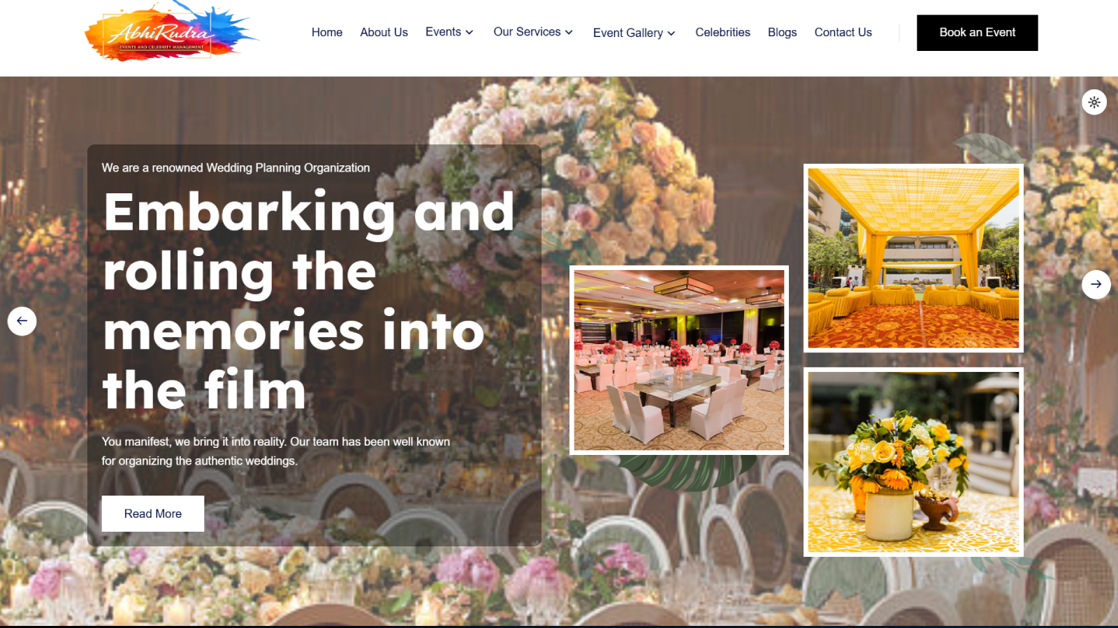 Event Management Website Homepage Developed by Ainosof Technology for Abhirudra Events & Celebrity Management, Gurgaon