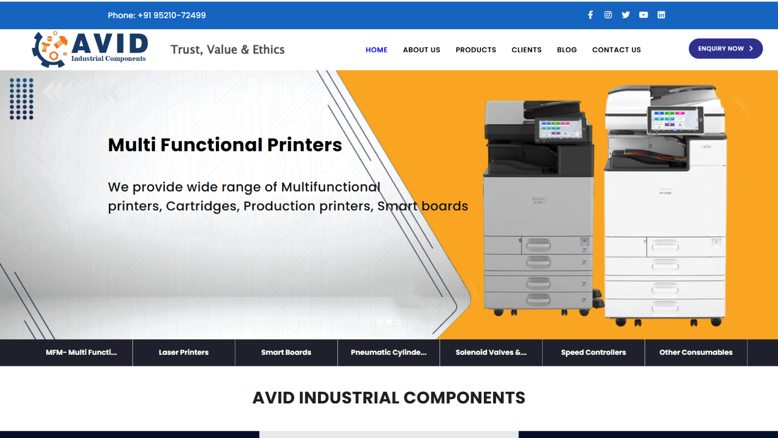 Industrial Website Homepage Developed by Ainosof Technology for Avid Exims, Bhiwadi Industrial Area