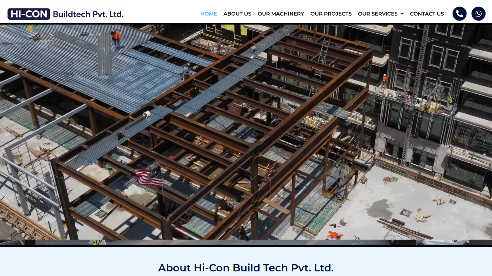 Industrial Website Homepage Developed by Ainosof Technology for Hi Con Build Tech Pvt Ltd. Bhiwadi