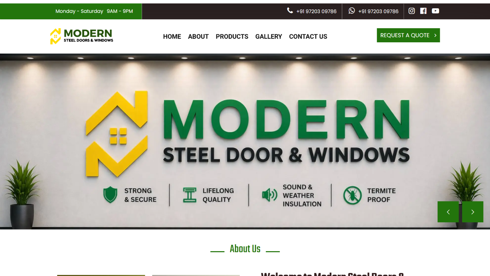 Manufacturer Website Homepage Developed by Ainosof Technology for Modern Steel Doors & Windows Meerut